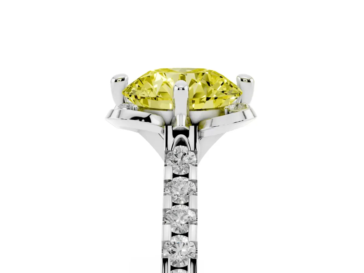 Fancy Yellow Round Cut Diamond Ring with Pavé Band and Floral Prong Setting White gold