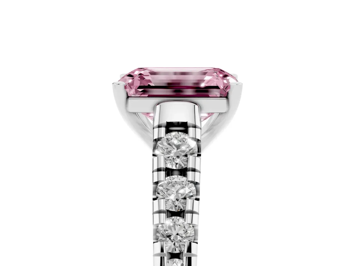 Fancy Pink Emerald Cut Diamond Cathedral Solitaire Ring with Round Pavé Band Silver