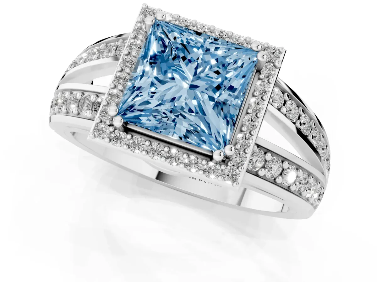 Fancy Blue Princess Cut Diamond Halo Ring with Split Shank Pavé Band and Four-Prong Setting Platinum