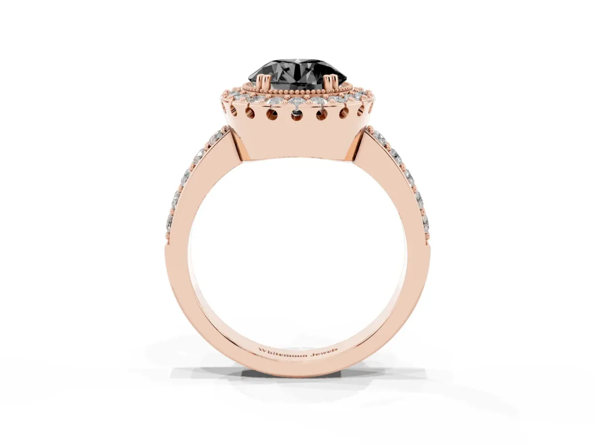 Fancy Black Round Cut Diamond Halo Ring with Pavé Band and Prong Setting Rose gold