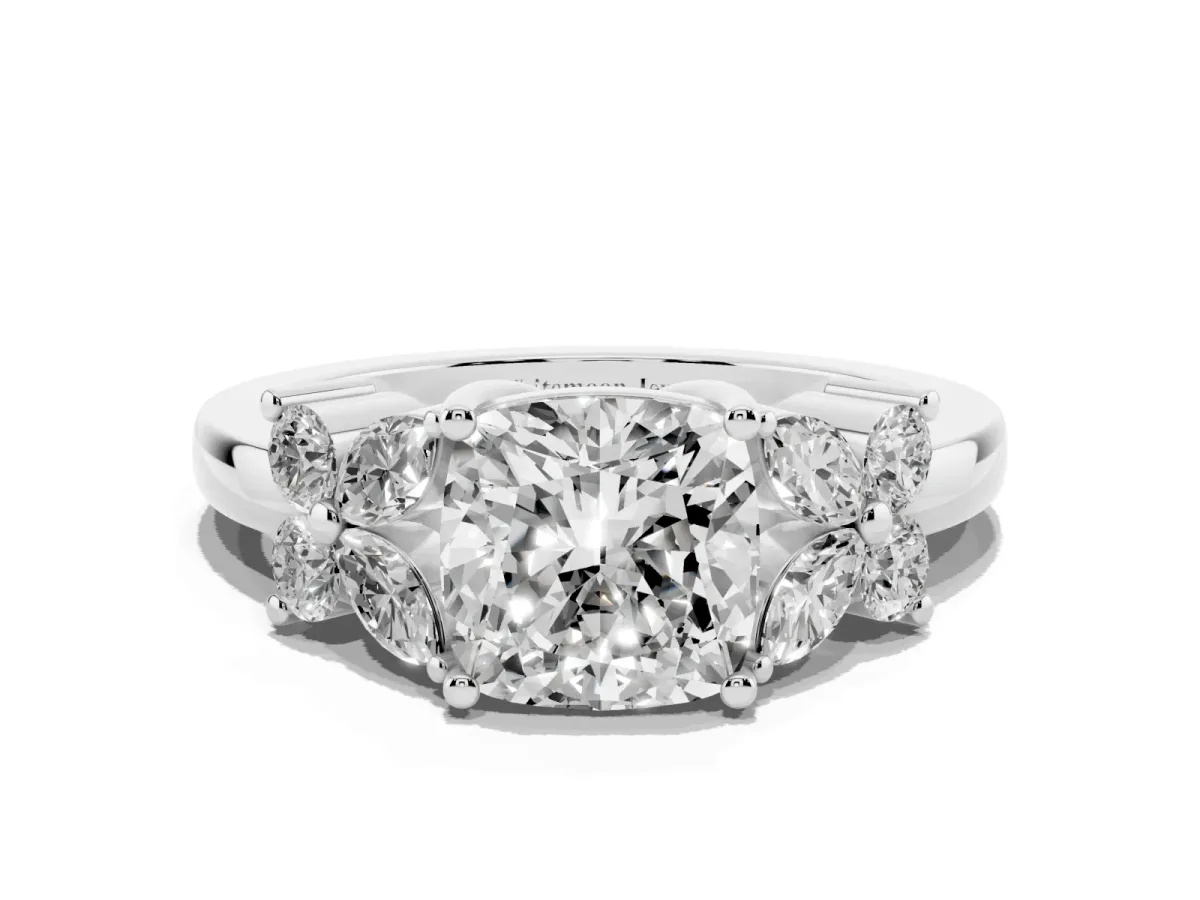 Cushion Cut Diamond Floral Cluster Ring with Solitaire Band and Prong Setting Silver