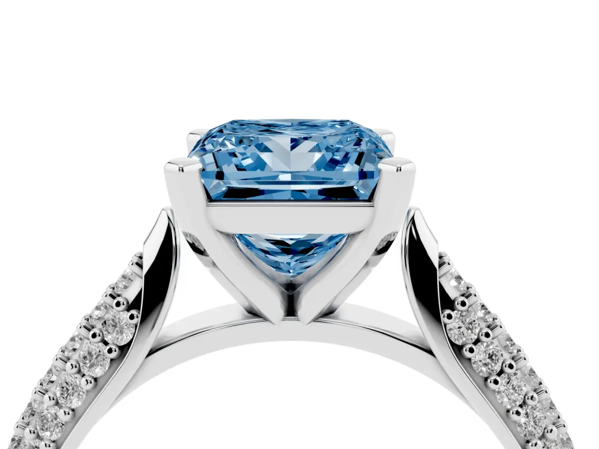 Fancy Blue Princess Cut Diamond Solitaire Engagement Ring with Multi-Row Round Pavé Band and Prong Setting White gold