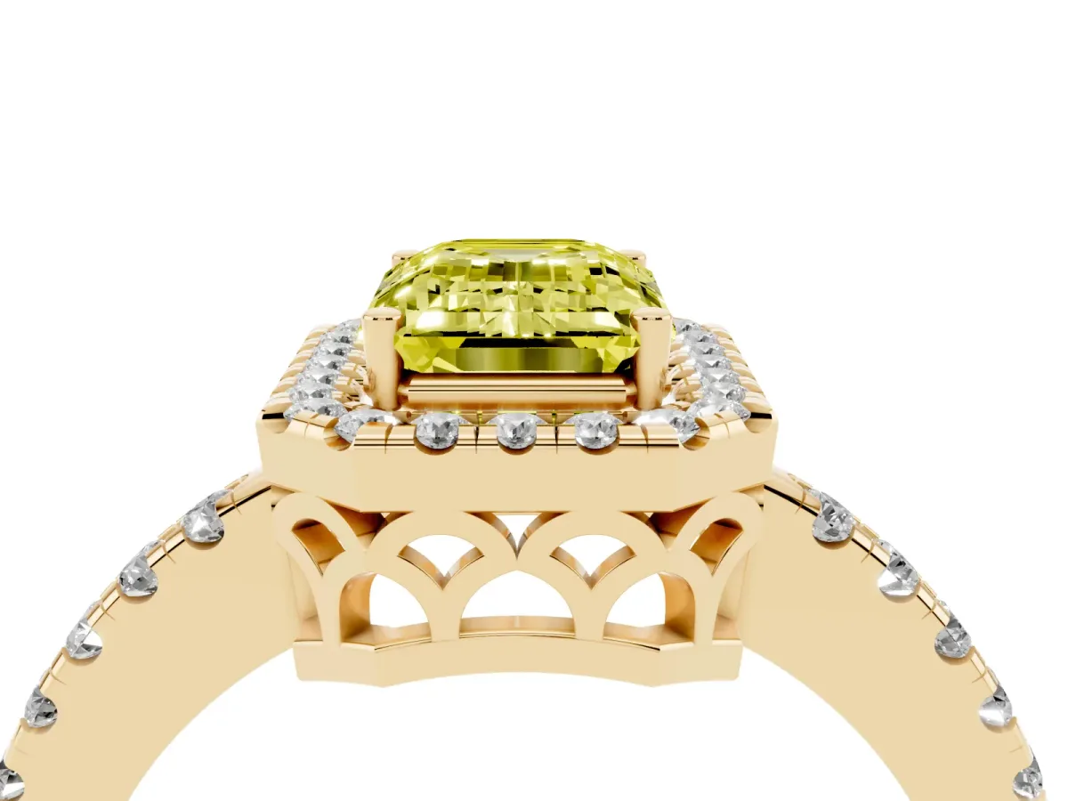 Fancy Yellow Emerald Cut Halo Diamond Engagement Ring with Pavé Band and Four-Prong Setting Yellow gold