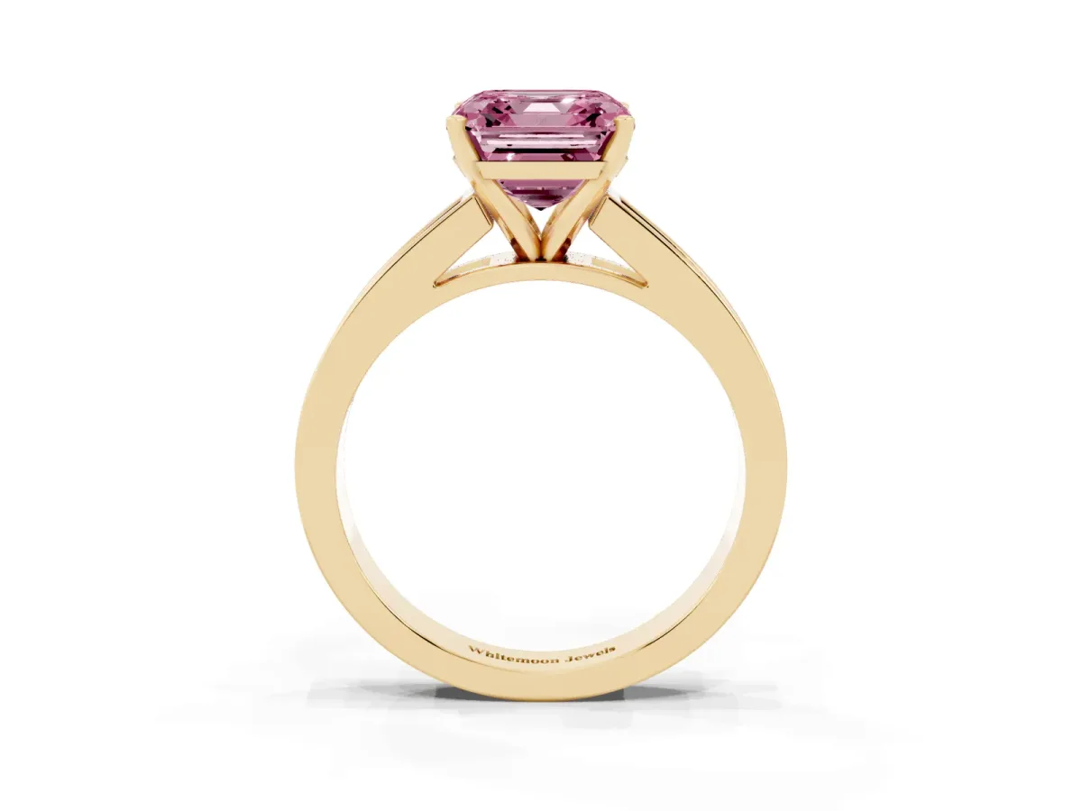 Fancy Pink Asscher Cut Solitaire Diamond Ring with Channel-Set Band and Four-Prong Setting Yellow gold