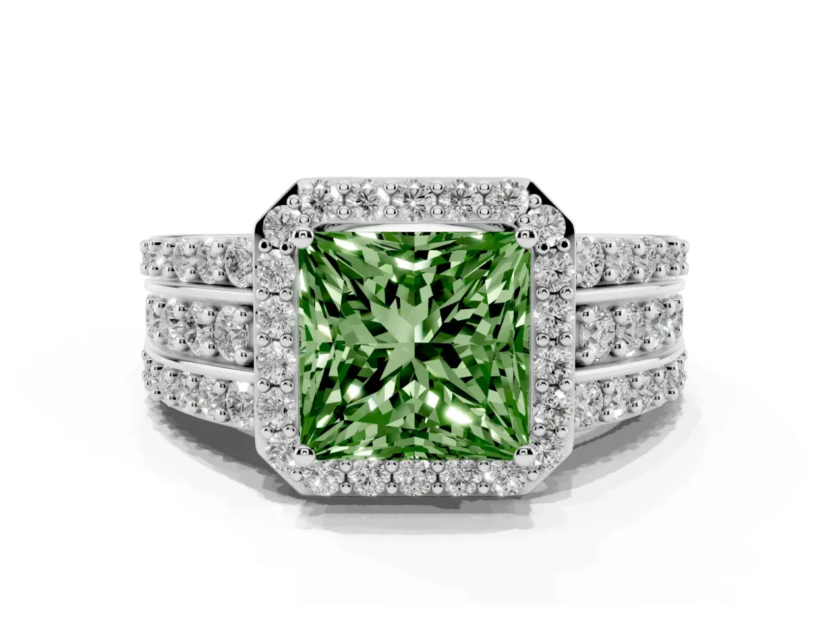 Fancy Green Princess Cut Halo Diamond Ring with Round Split Shank and Prong Setting Silver