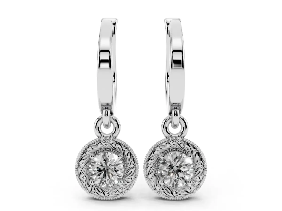 Round Cut Milgrain Bezel Set Leverback Earrings Silver