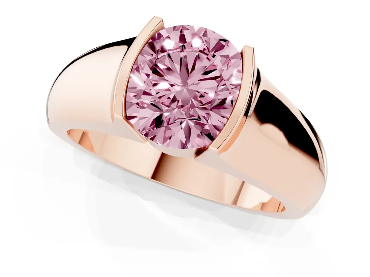 Fancy Pink Round Cut Solitaire Bezel Set Diamond Ring with Wide Band Rose gold