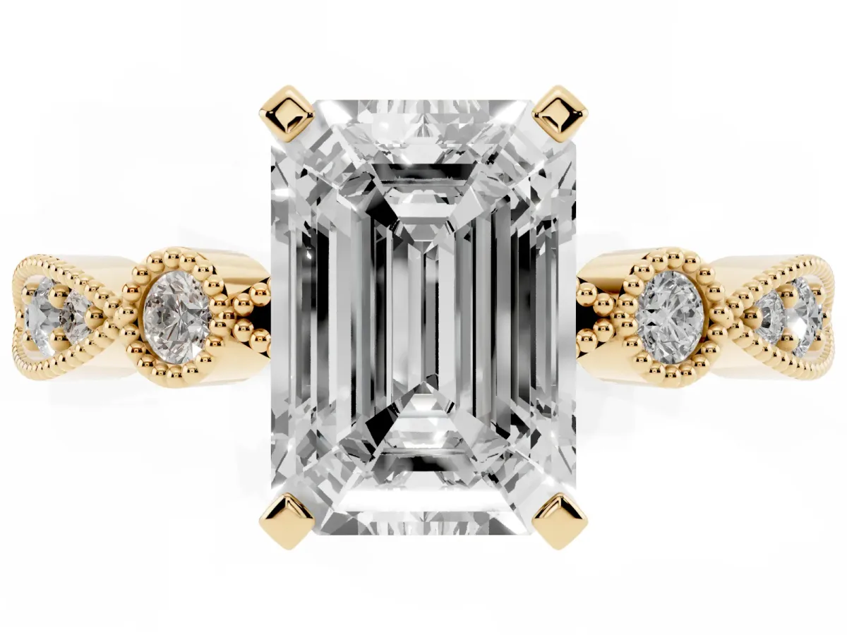 Emerald Cut Milgrain Bezel Diamond Engagement Ring with Solitaire Prong Setting Yellow gold