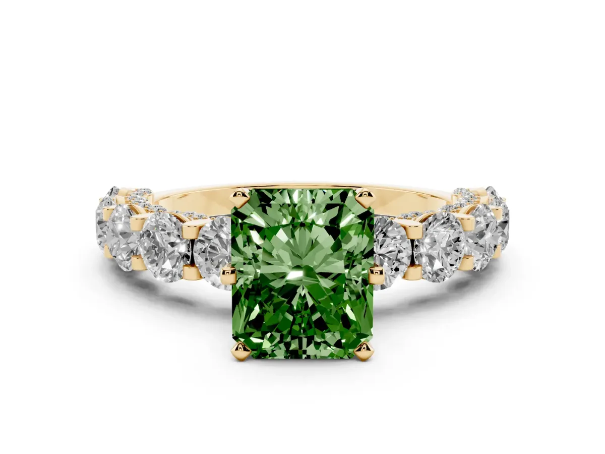 Fancy Green Radiant Cut Diamond Side Stone Engagement Ring with Four-Prong Setting Yellow gold