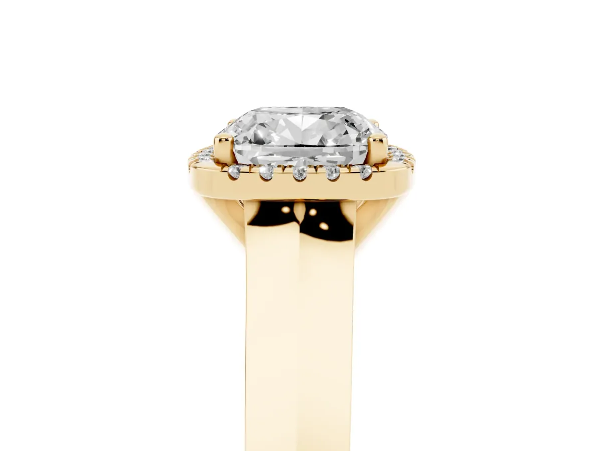 Cushion Cut Halo Diamond Ring with Cathedral Band and Four-Prong Setting Yellow gold