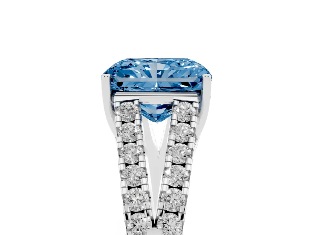 Fancy Blue Radiant Cut Diamond Split Shank Engagement Ring with Round Pavé and Prong Setting Silver