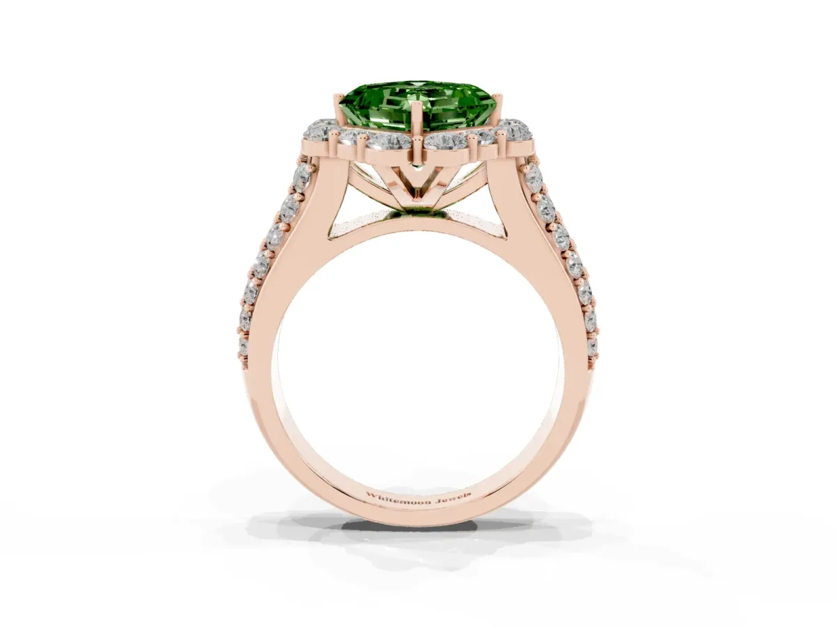 Fancy Green Asscher Cut Halo Diamond Engagement Ring with Split Shank and Prong Setting Rose gold