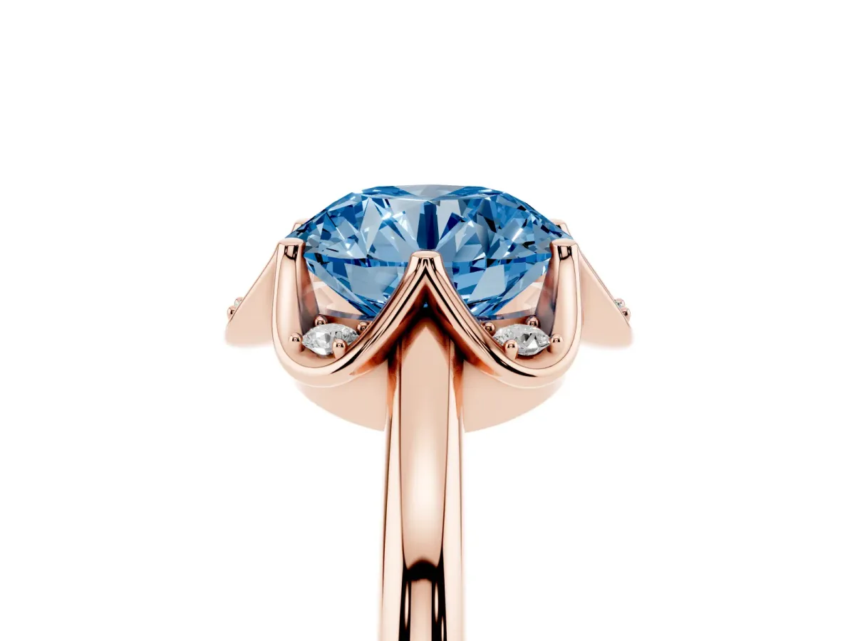 Fancy Blue Round Cut Halo Diamond Ring with Round Cluster Setting, Solitaire Band, and Four-Prong Setting Rose gold