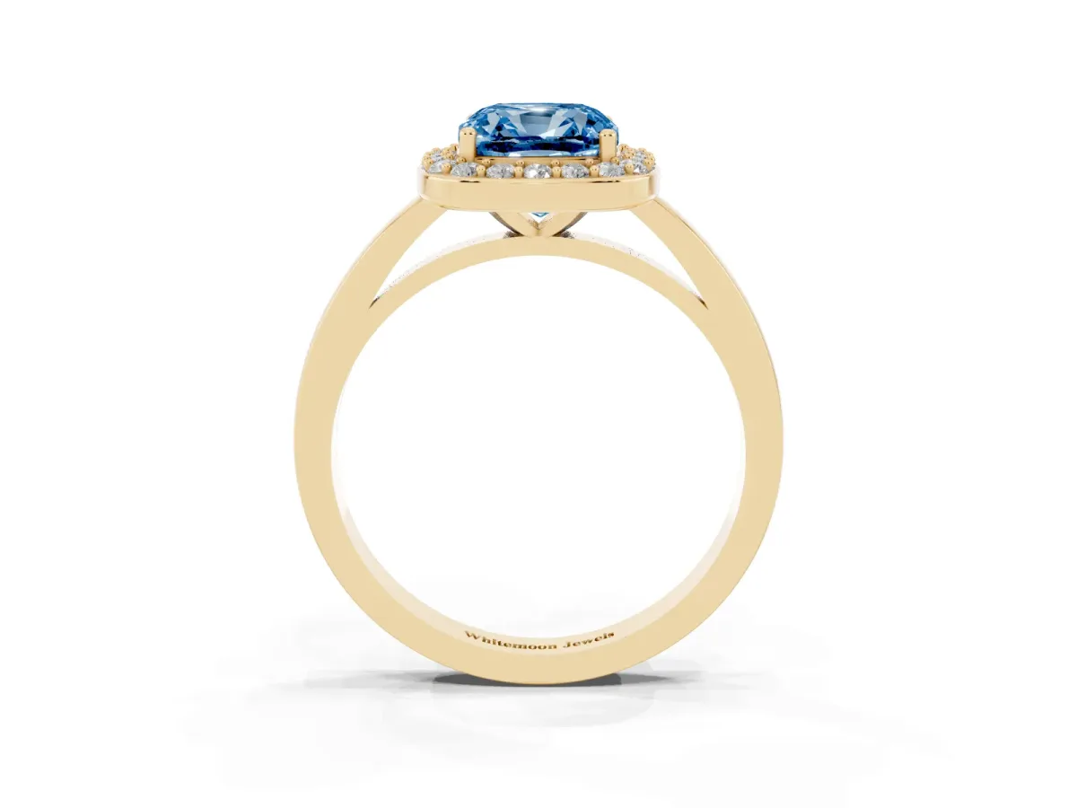 Fancy Blue Cushion Cut Halo Diamond Ring with Solitaire Band and Prong Setting Yellow gold