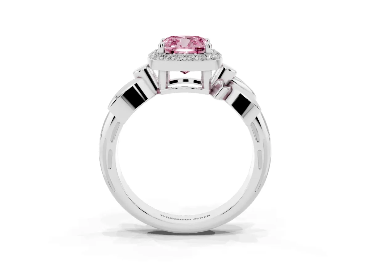 Fancy Pink Cushion Cut Halo Diamond Floral Band with Four-Prong Setting White gold