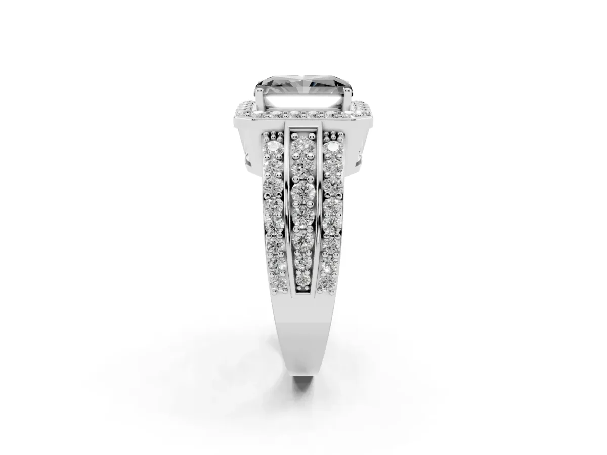 Fancy Black Radiant Cut Halo Diamond Ring with Round Split Shank and Prong Setting Silver