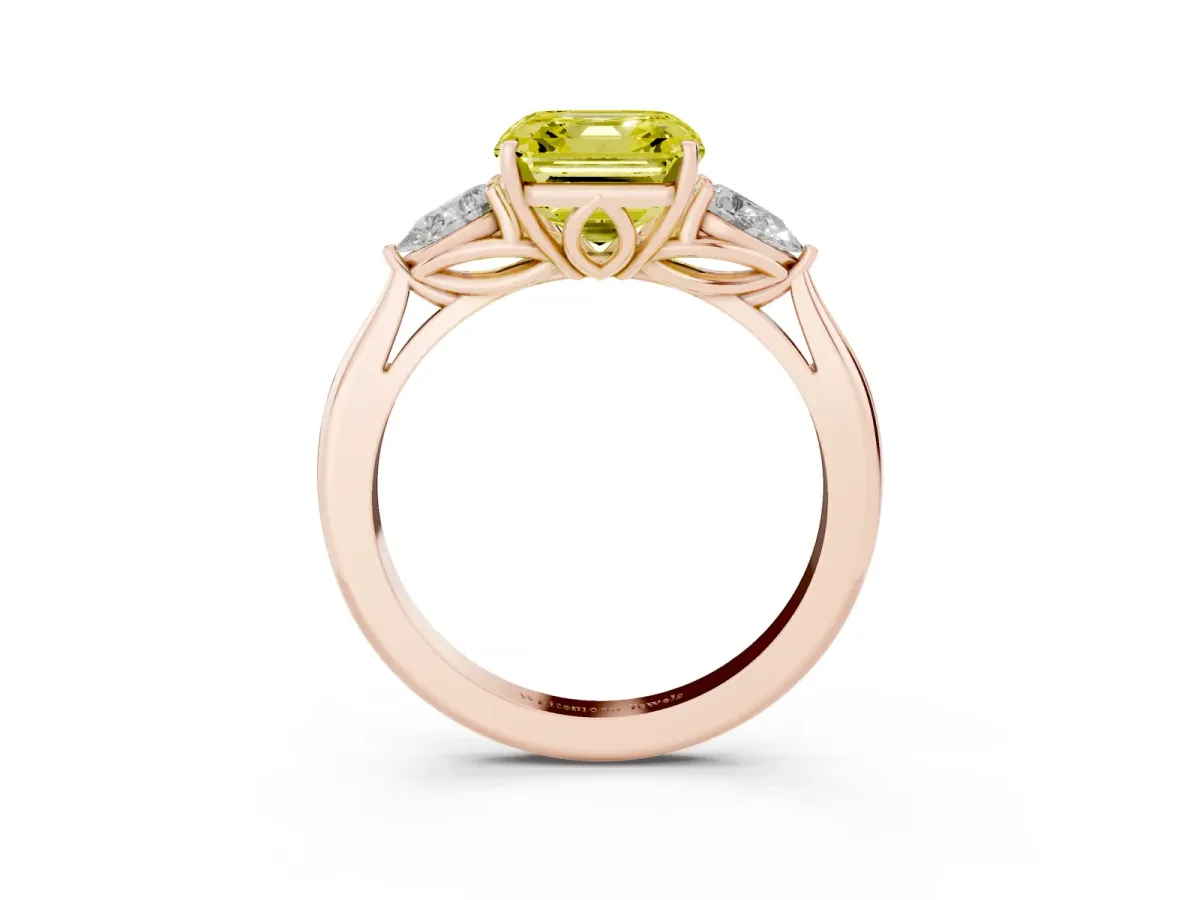 Fancy Yellow Asscher Cut Diamond Three-Stone Ring with Pear Side Stones and Prong Setting Rose gold