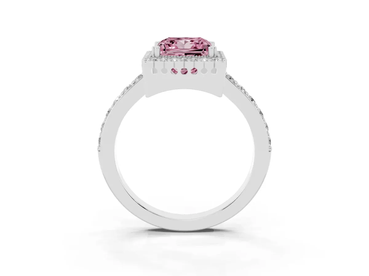 Fancy Pink Princess Cut Cut Diamond Halo Engagement Ring with Milgrain Detail and Pavé Band Silver