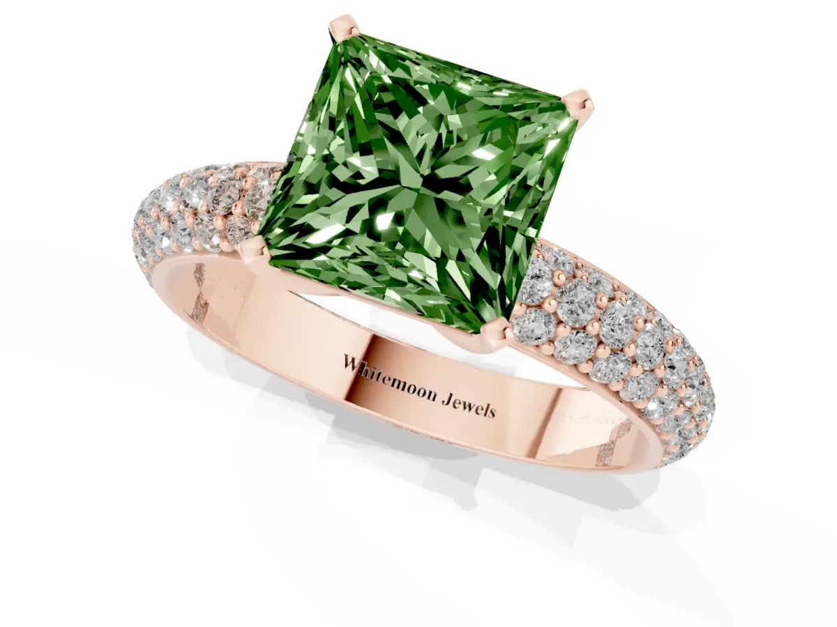 Fancy Green Princess Cut Diamond Solitaire Ring with Prong Setting and Pavé Band Rose gold