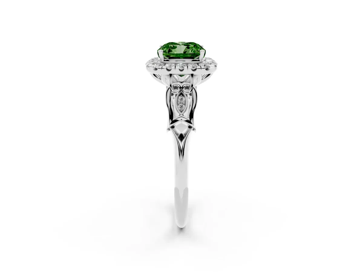 Fancy Green Cushion Cut Halo Diamond Engagement Ring with Filigree Band and Four-Prong Setting Silver