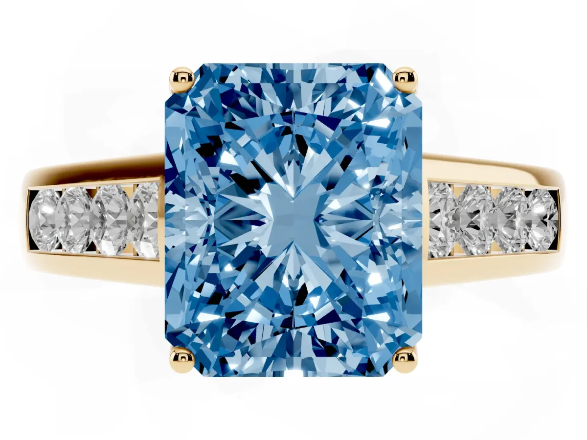 Fancy Blue Radiant Cut Brilliant Channel-Set Solitaire Ring with Four-Prong Setting Yellow gold