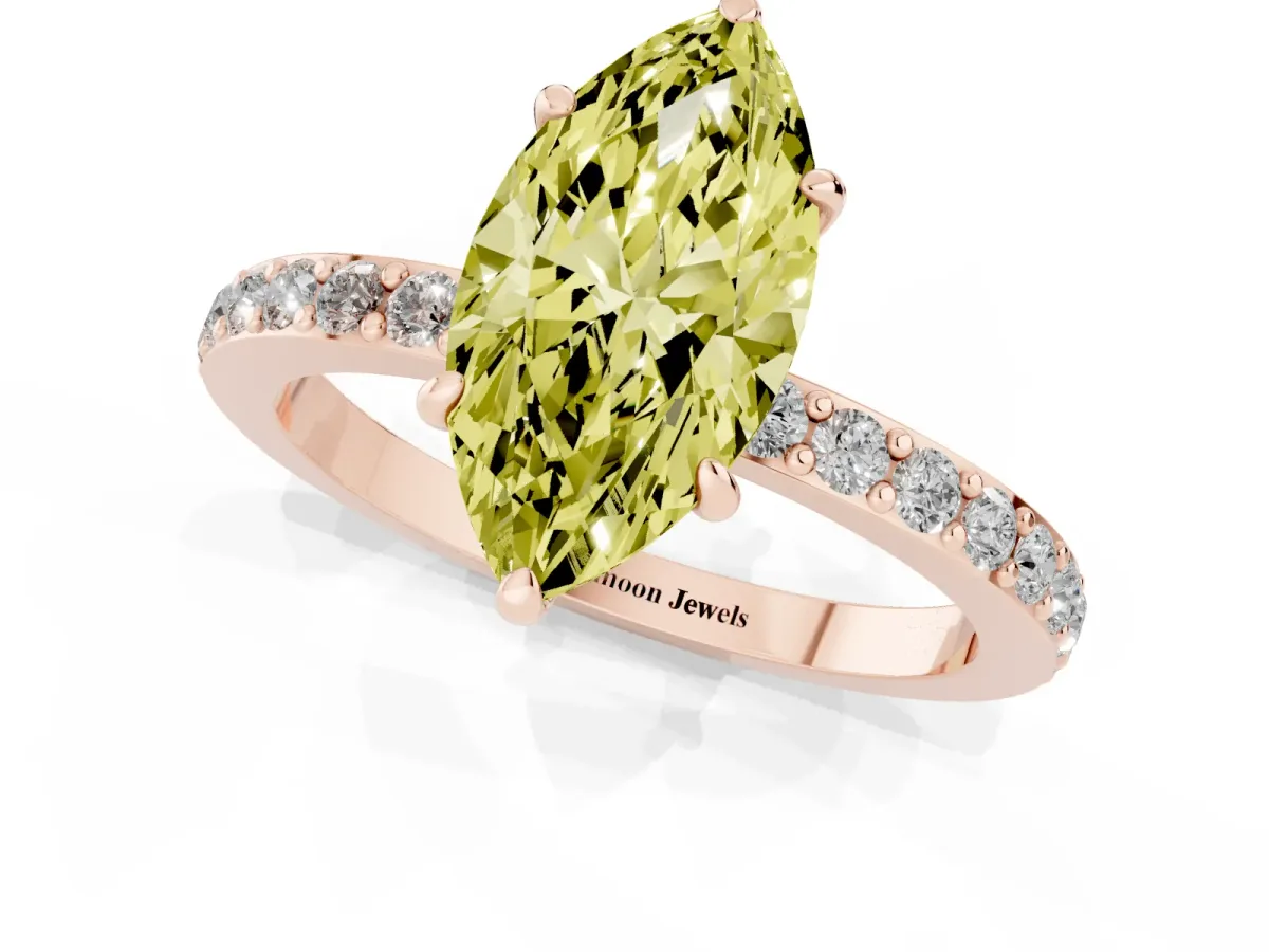 Fancy Yellow Marquise Cut Diamond Pavé Engagement Ring with Round Accents and Prong Setting Rose gold