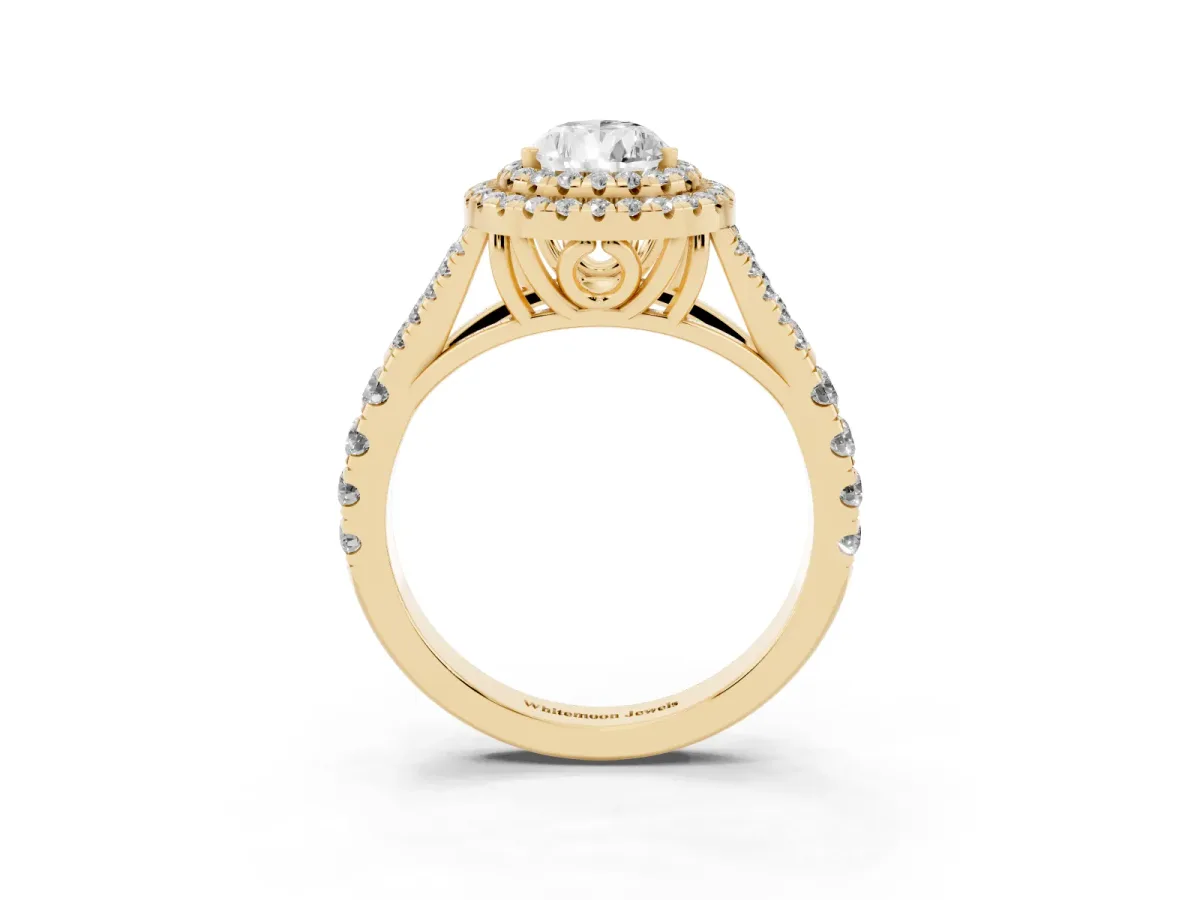 Pear Cut Diamond Double Halo Ring with Split Shank and Prong Setting Yellow gold