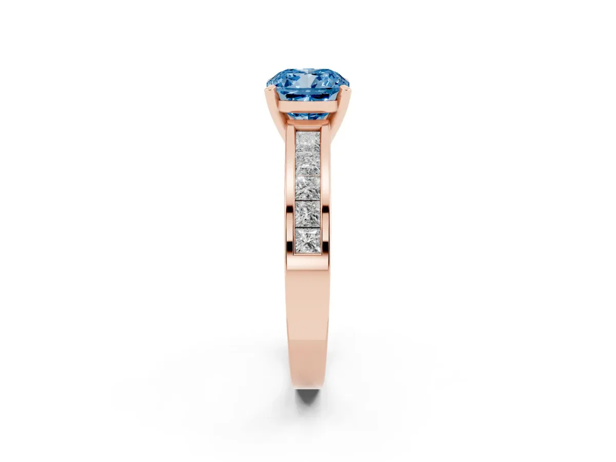 Fancy Blue Cushion Cut Solitaire Diamond Ring with Channel-Set Band and Four-Prong Setting Rose gold