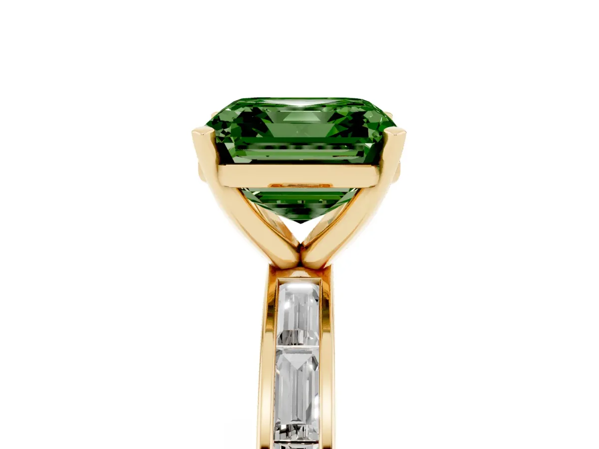 Fancy Green Asscher Cut Solitaire Diamond Ring with Channel-Set Baguette Band and Four-Prong Setting Yellow gold