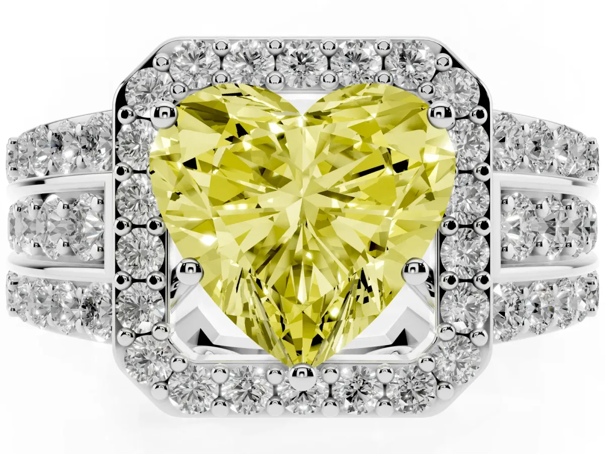 Fancy Yellow Heart Cut Halo Diamond Ring with Round Split Shank and Prong Setting Silver