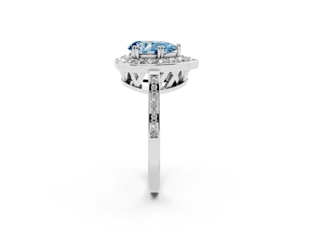 Fancy Blue Pear Cut Diamond Halo Ring with Split Shank and Four-Prong Setting Platinum