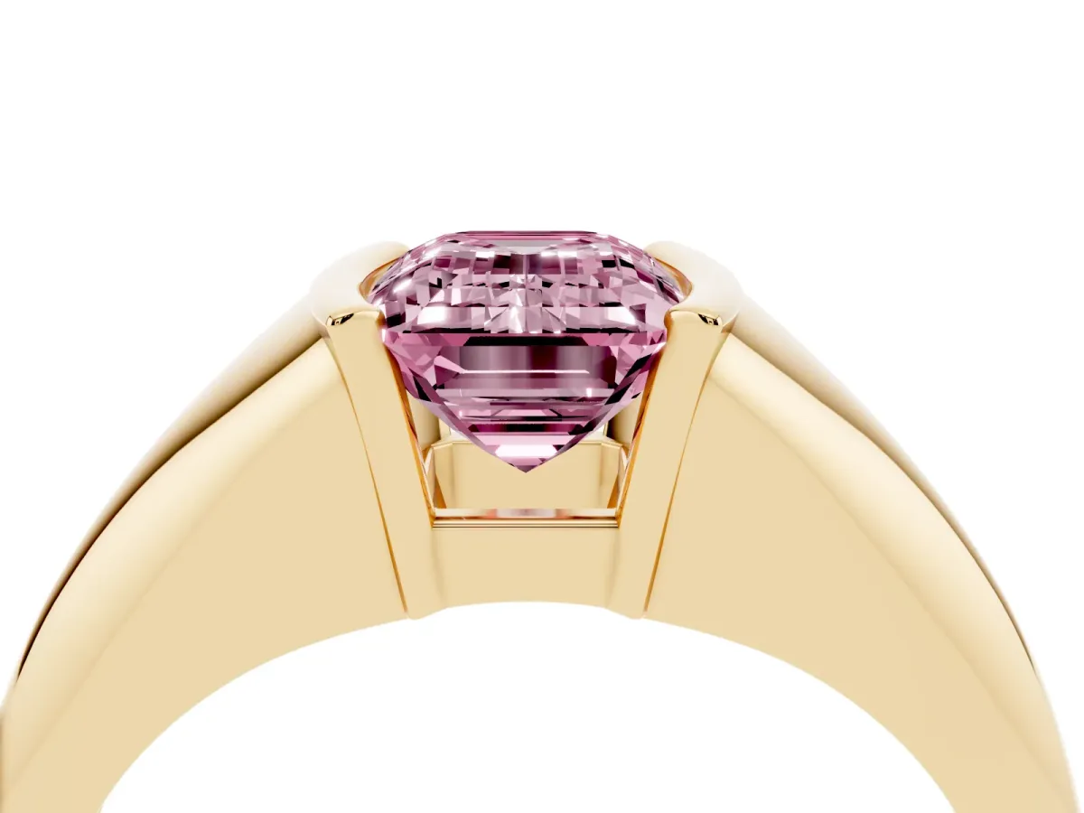 Fancy Pink Emerald Cut Solitaire Tension Set Diamond Ring Yellow gold
