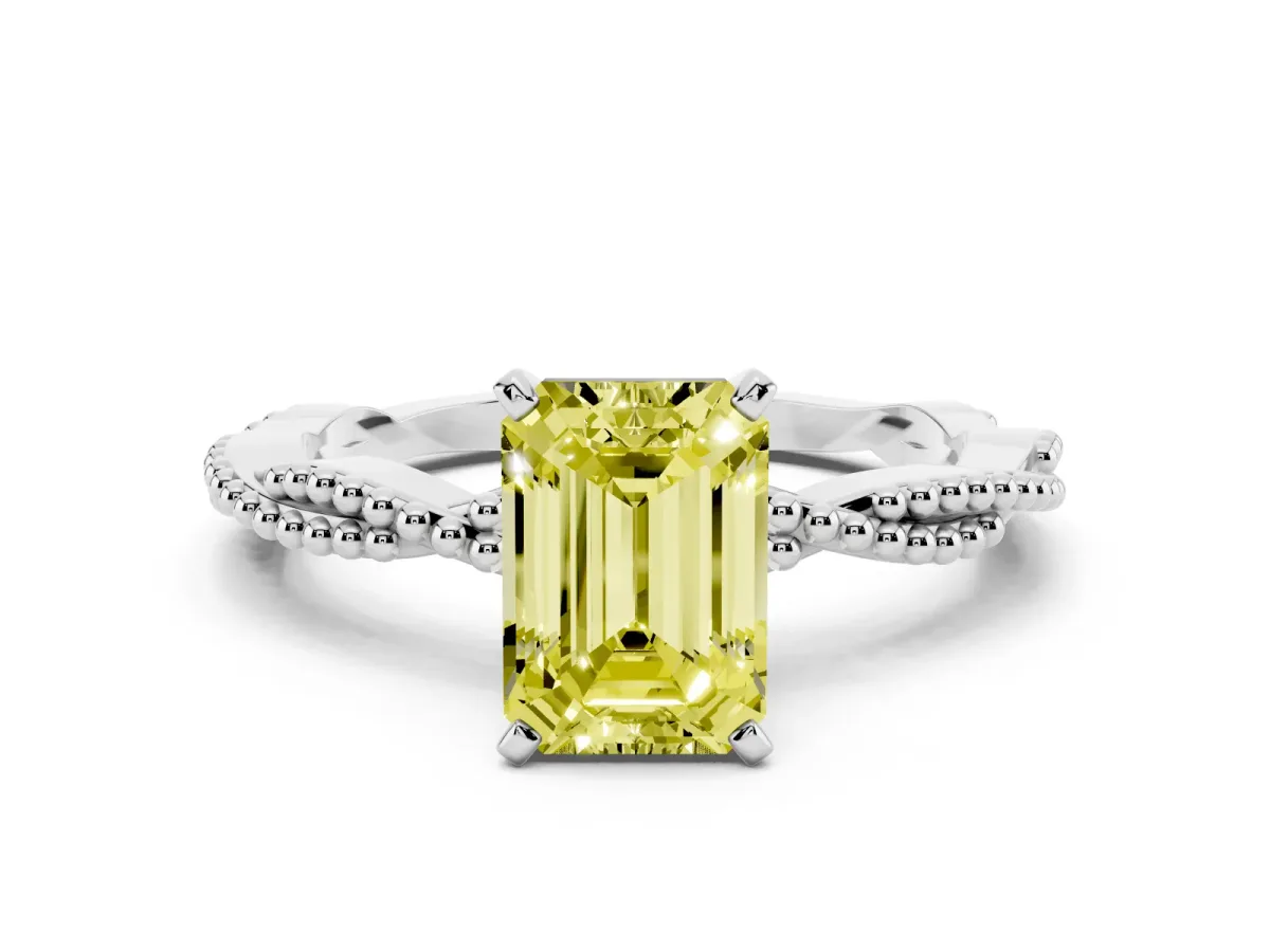 Fancy Yellow Emerald Cut Solitaire Twisted Band with Bead Prong Setting Silver