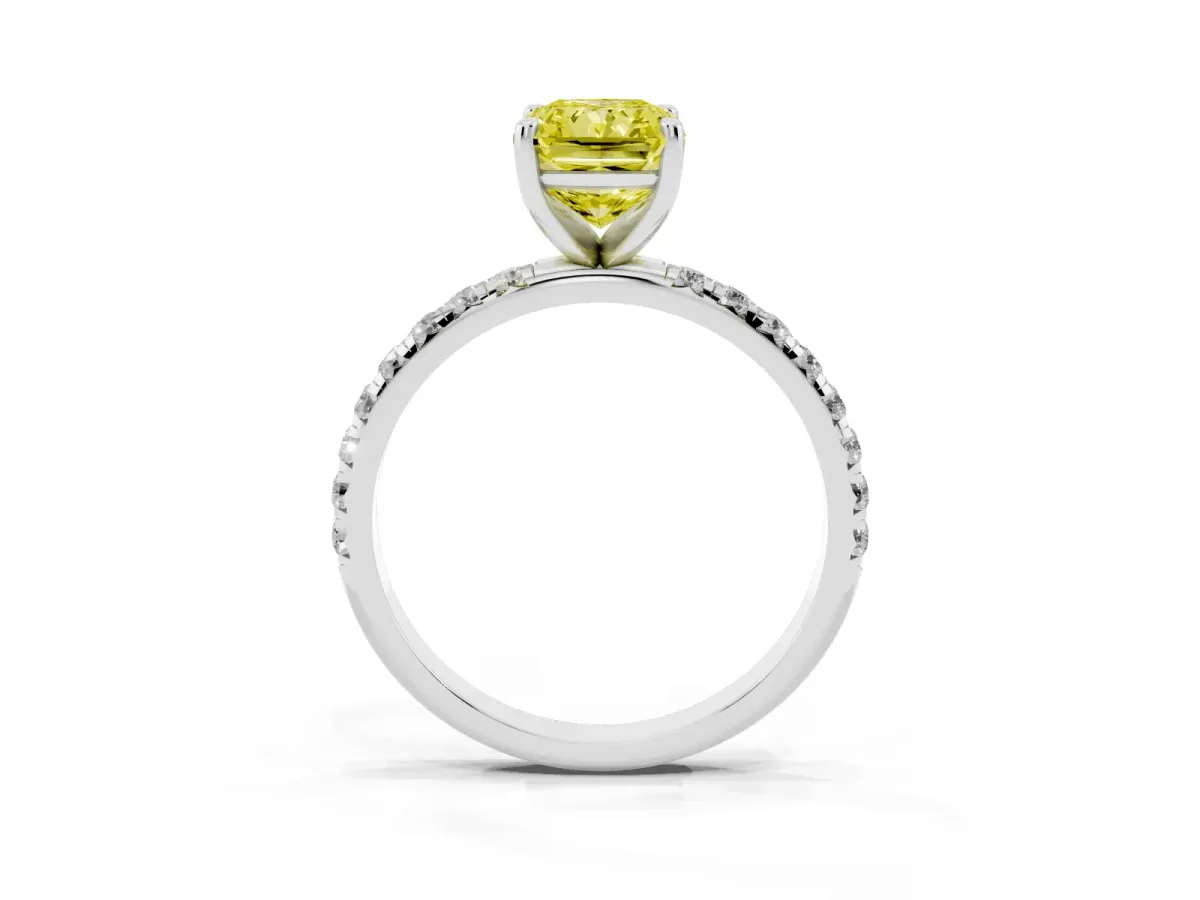 Fancy Yellow Radiant Cut Cut Diamond Solitaire Ring with Micro Pave Band and Four Prong Setting Silver