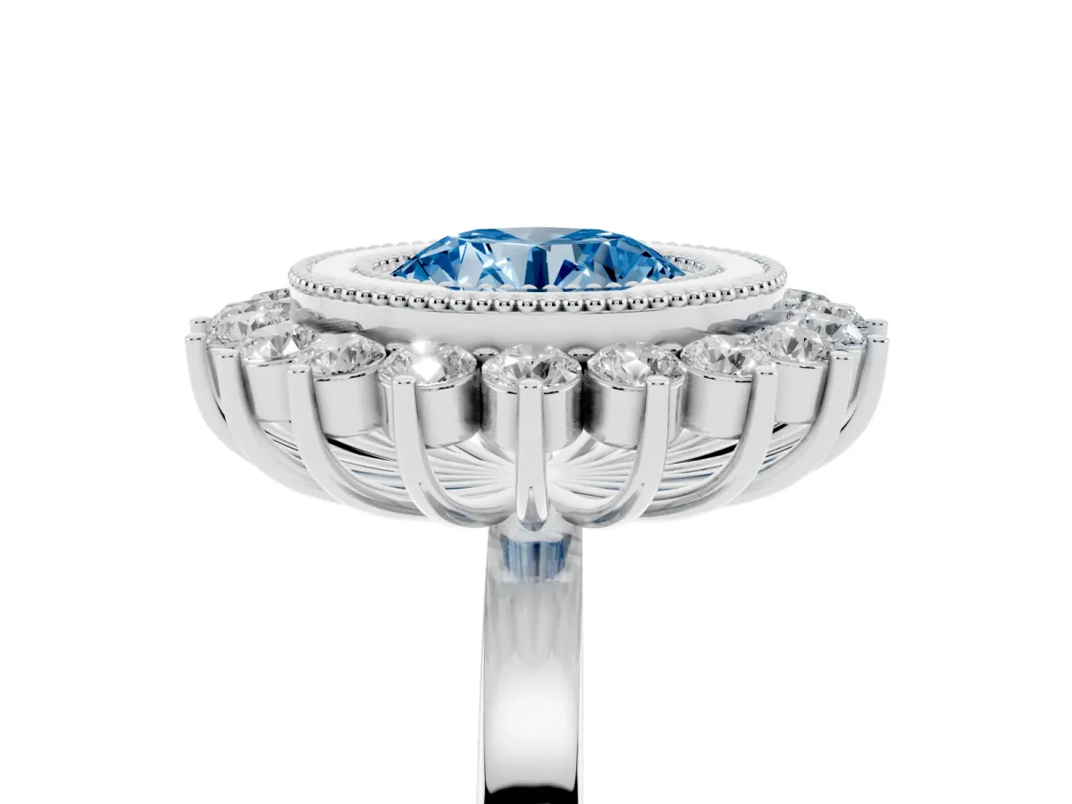 Fancy Blue Round Cut Halo Diamond Ring with Milgrain Edge and Round Prong Setting Silver