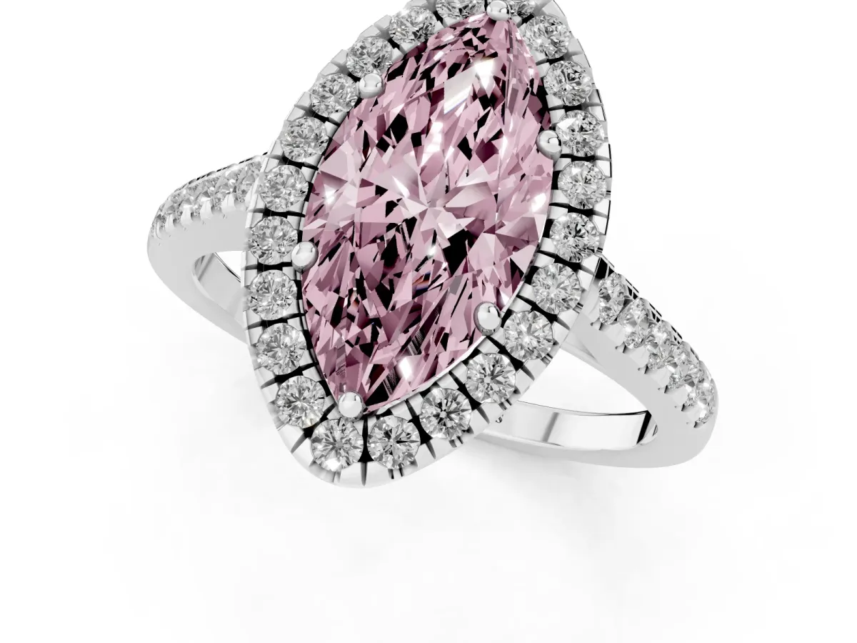 Fancy Pink Marquise Cut Halo Pavé Diamond Engagement Ring with Four-Prong Setting Platinum