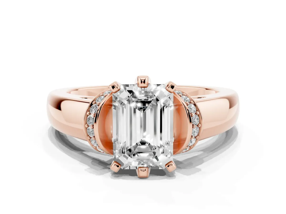 Emerald Cut Solitaire Diamond Ring with Pave Band and Six-Prong Setting Rose gold