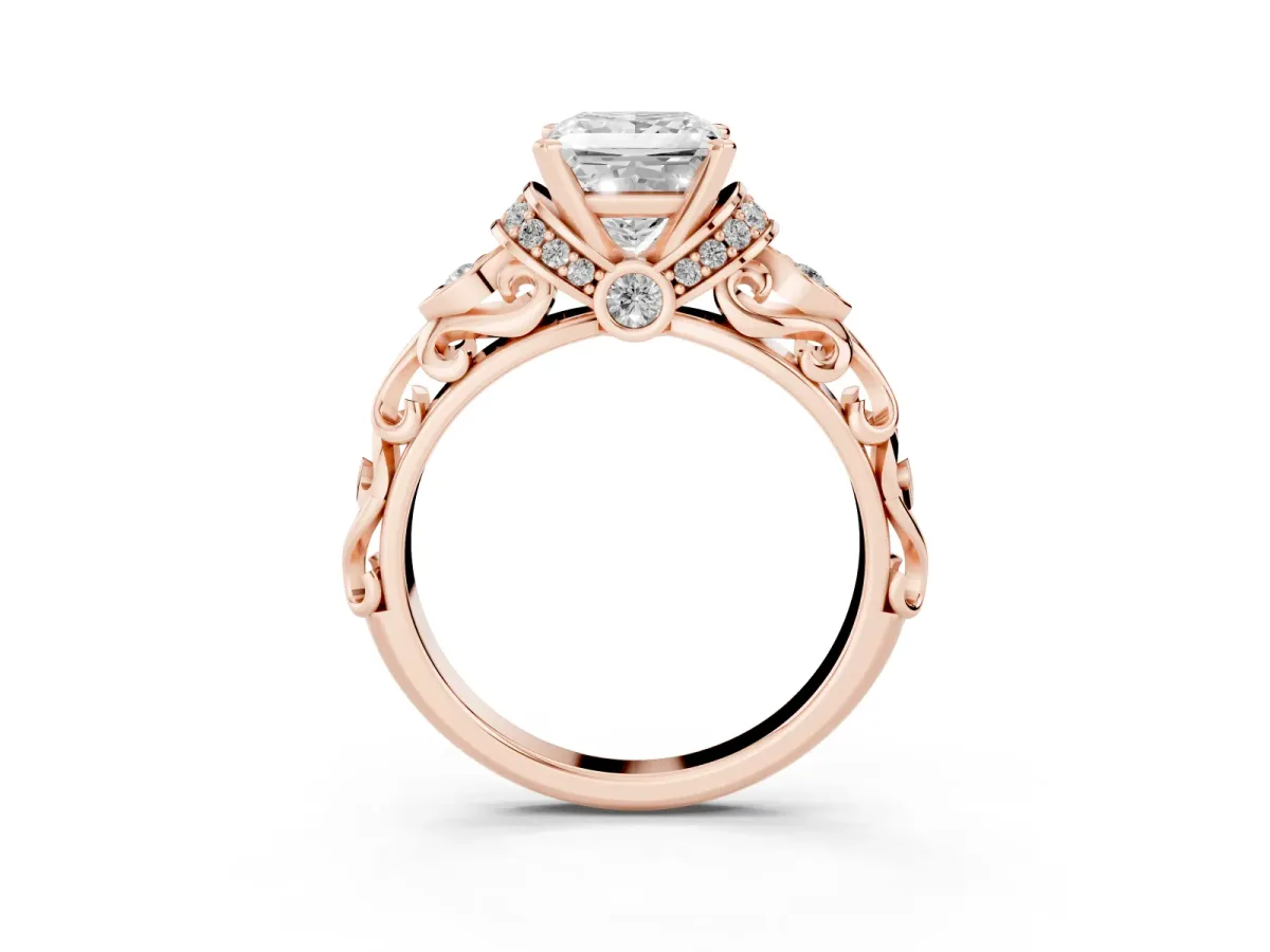 Princess Cut Diamond Solitaire Ring with Filigree Band and Four-Prong Setting Rose gold