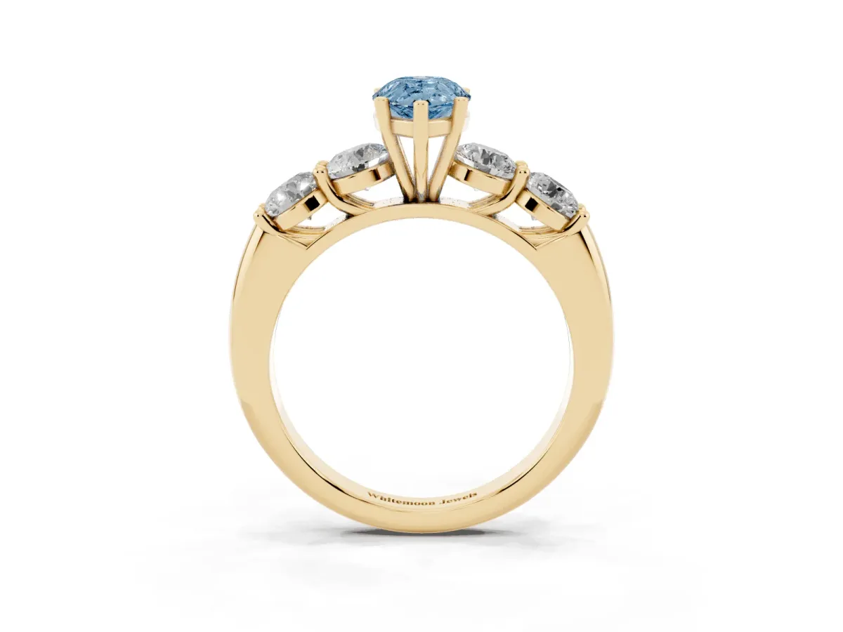 Fancy Blue Pear Cut Cut Five-Stone Prong Set Diamond Ring with Classic Band Yellow gold