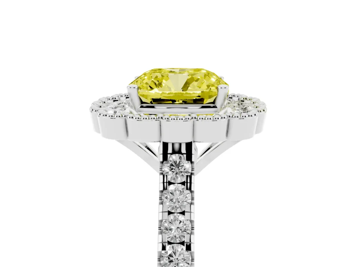 Fancy Yellow Cushion Cut Cut Diamond Milgrain Floral Halo Engagement Ring with Pavé Band White gold