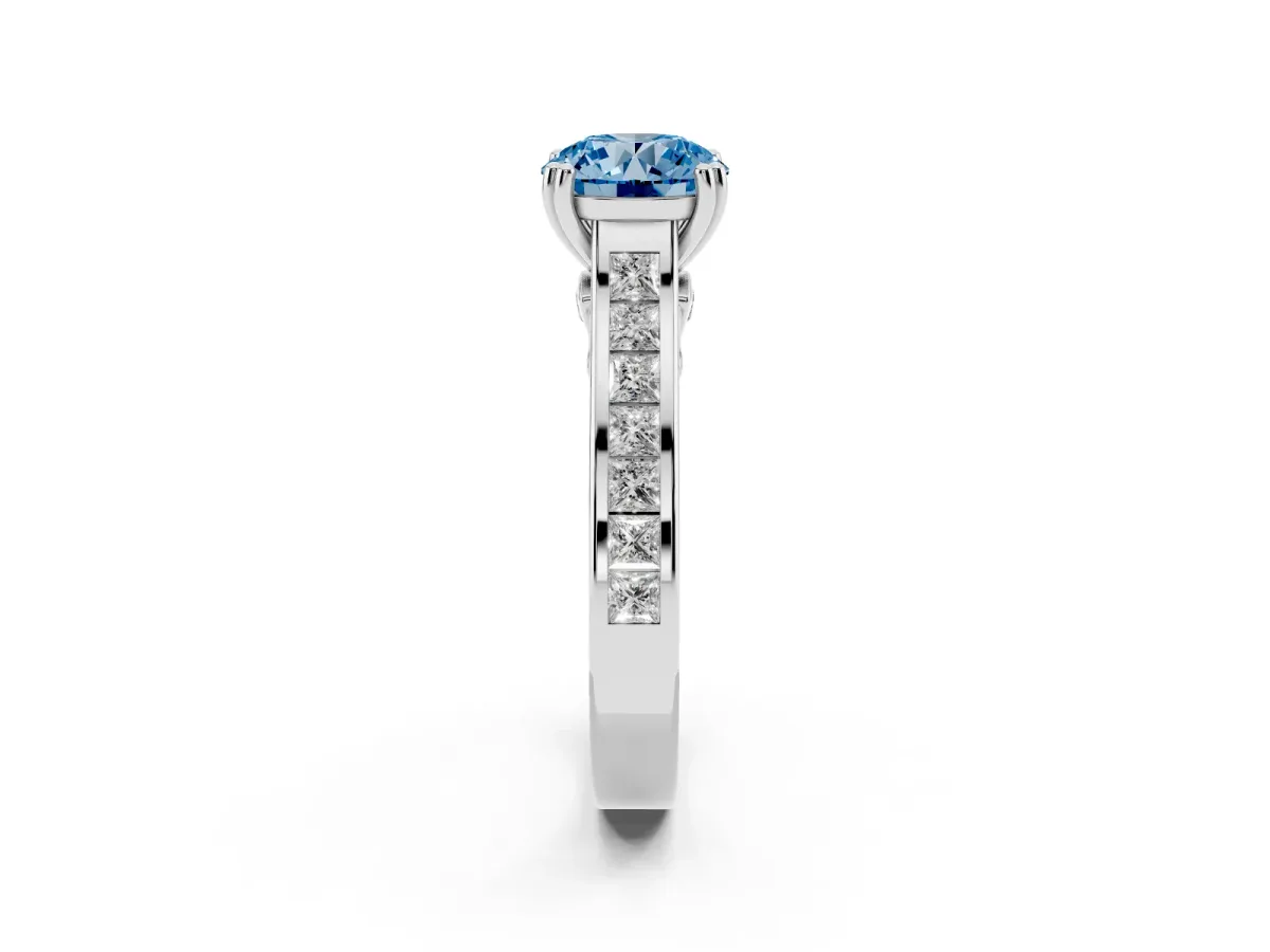 Fancy Blue Round Cut Cut Channel Set Solitaire Engagement Ring with Prong Setting Platinum