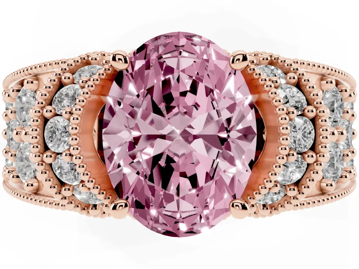 Fancy Pink Oval Cut Halo Pave Diamond Engagement Ring with Milgrain Detailing Rose gold