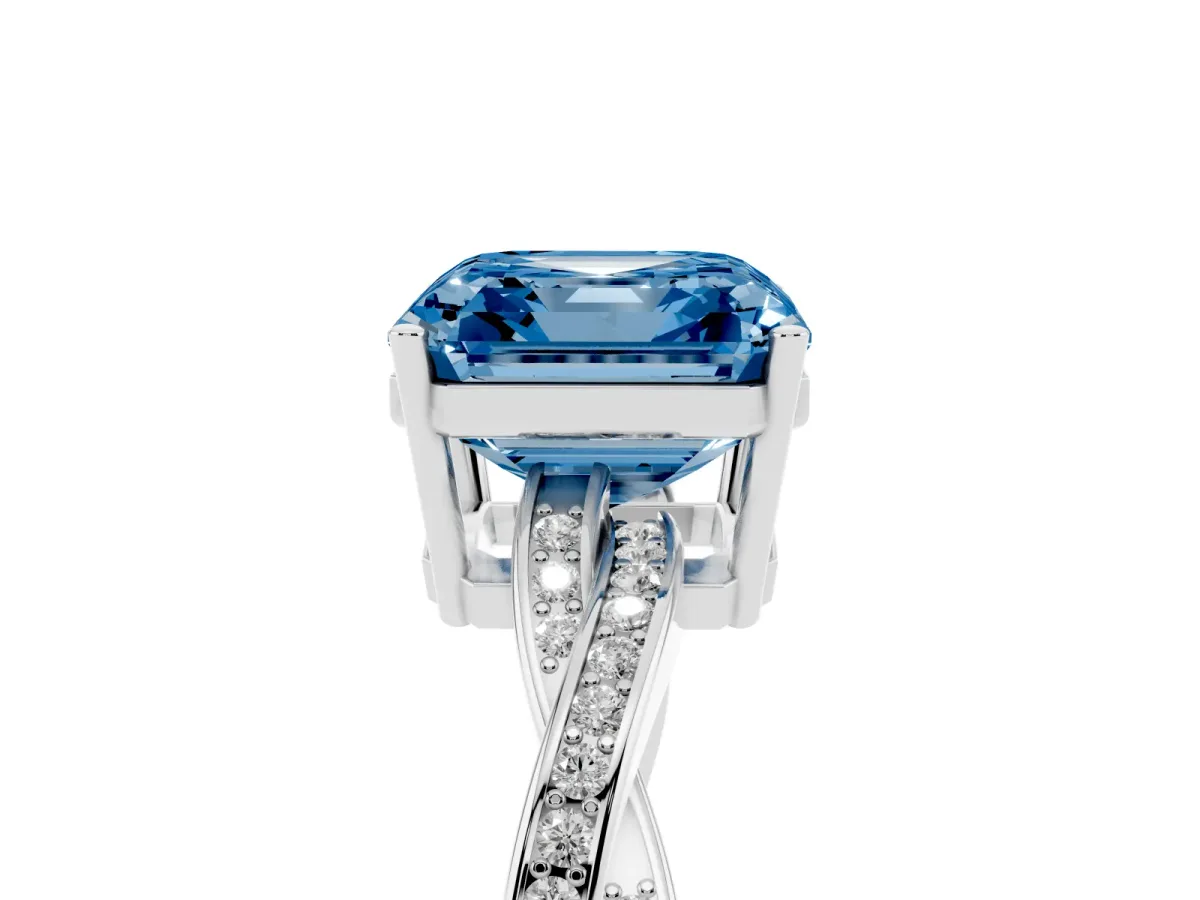 Fancy Blue Asscher Cut Solitaire Twisted Pave Diamond Ring with Four-Prong Setting Silver