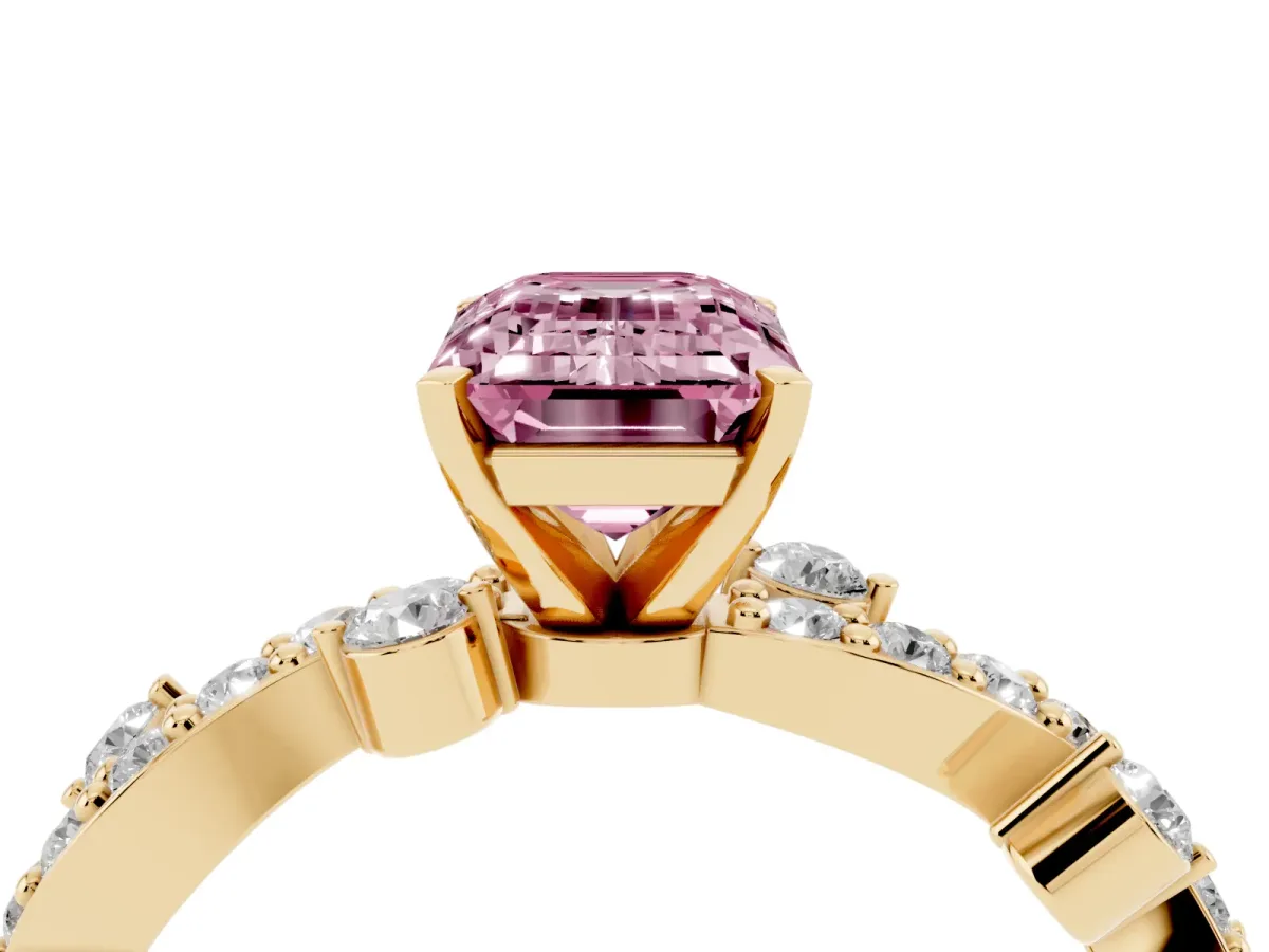 Fancy Pink Emerald Cut Cut Solitaire Diamond Twisted Band with Pave Setting Yellow gold