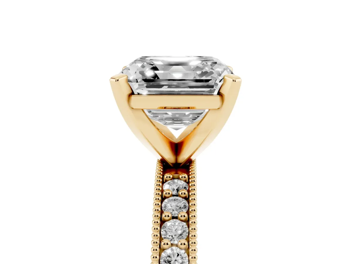 Asscher Cut Diamond Milgrain Pavé Engagement Ring with Four-Prong Setting Yellow gold