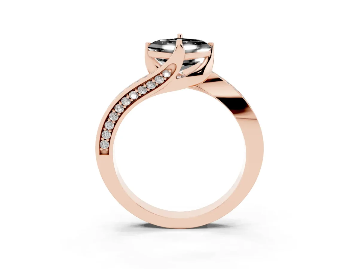 Fancy Black Asscher Cut Solitaire Diamond Twist Band with Pavé Setting and Four-Prong Setting Rose gold