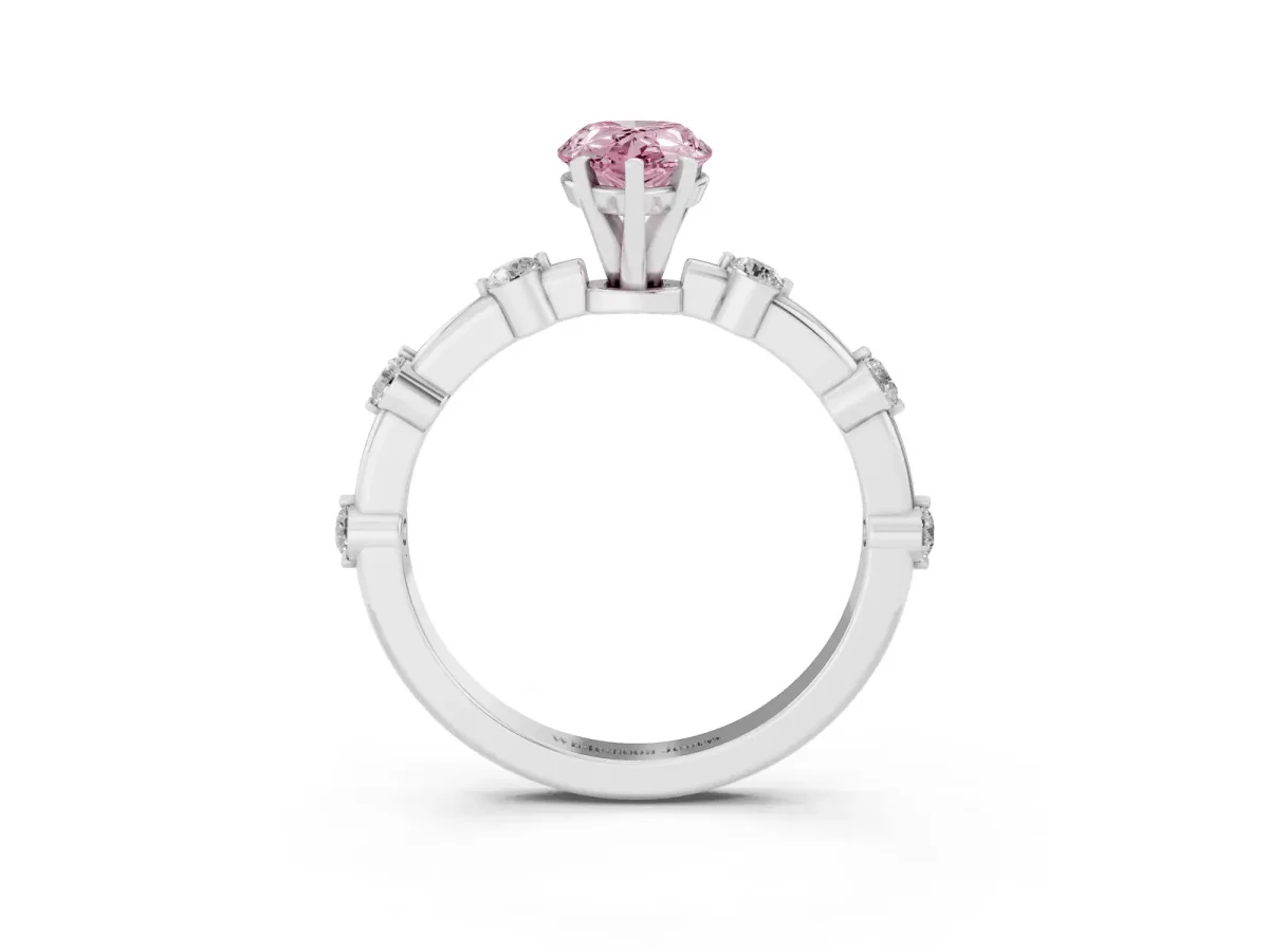 Fancy Pink Pear Cut Solitaire Diamond Ring with Bezel Set Side Stones and Prong Setting Silver