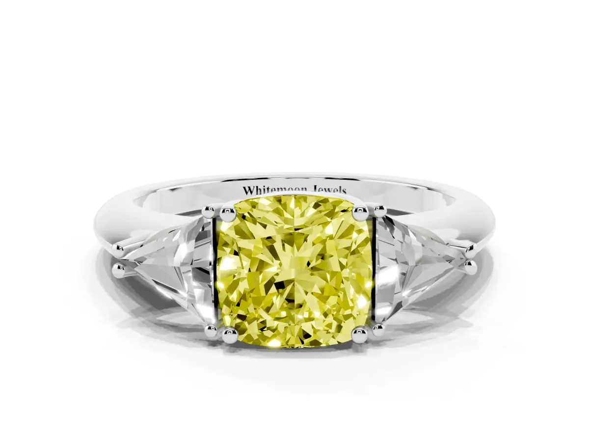 Fancy Yellow Three-Stone Cushion Cut Diamond Engagement Ring with Trillion Side Stones and Prong Setting Silver