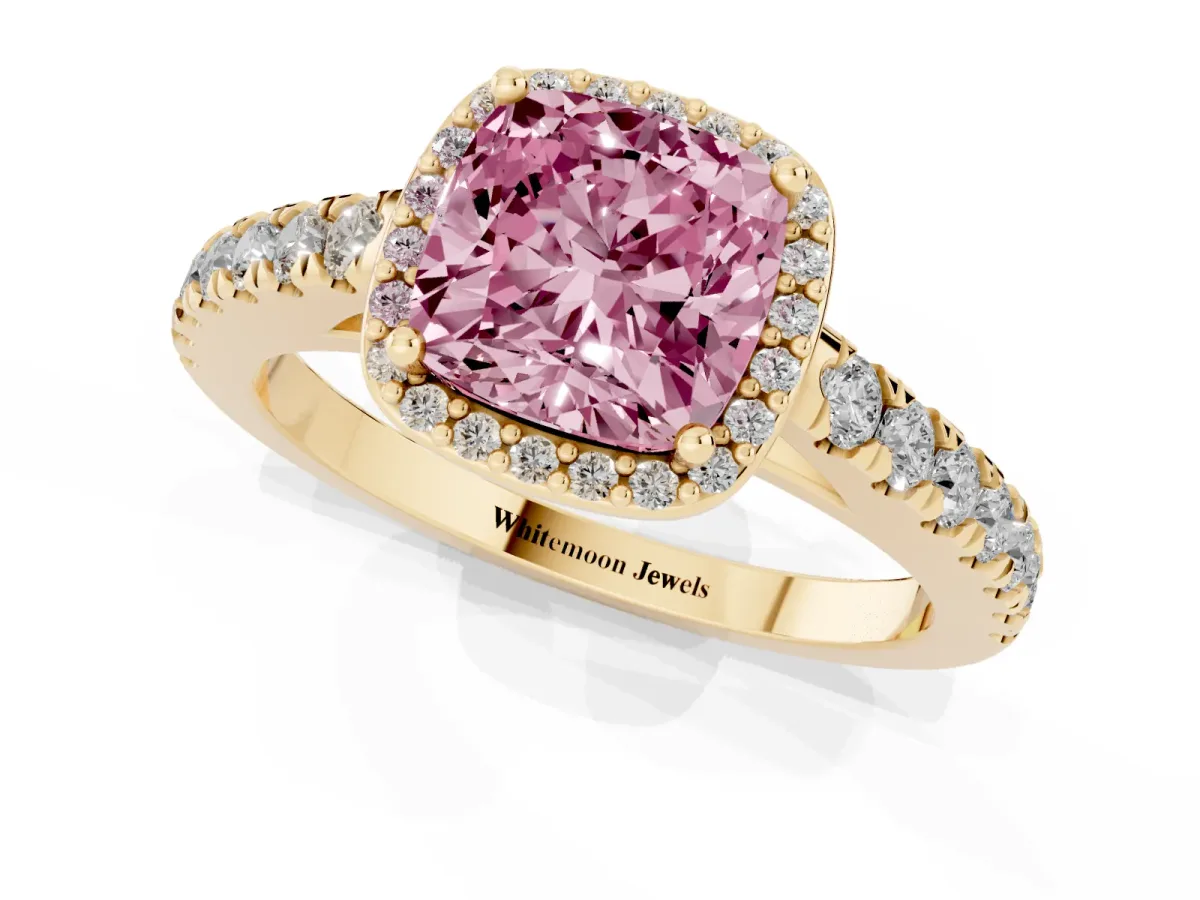 Fancy Pink Cushion Cut Cut Halo Diamond Engagement Ring with Pave Band and Four-Prong Setting Yellow gold