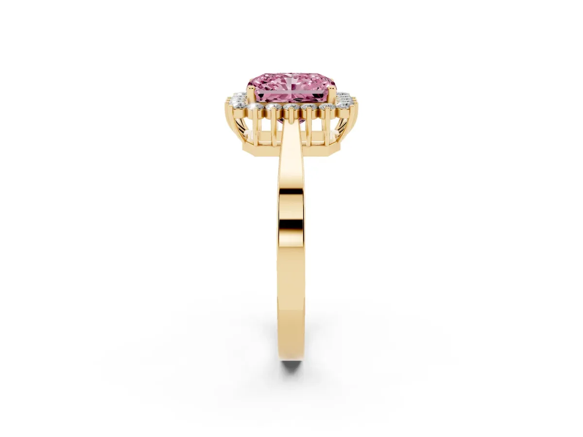 Fancy Pink Radiant Cut Cut Diamond Halo Ring with Round Brilliant Halo and Solitaire Band Yellow gold